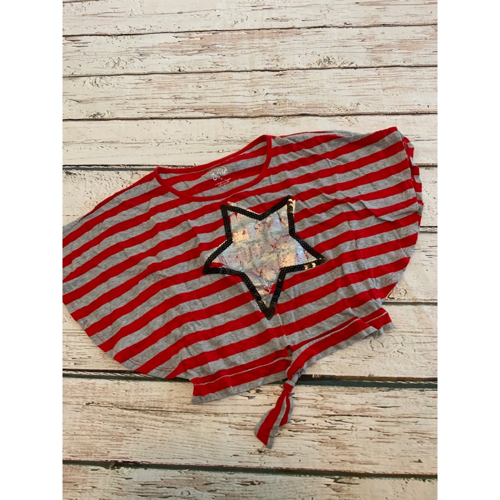 Justice Girls Size 8 Red Grey Striped Star Sequin Front Tie Dolman Crop Top